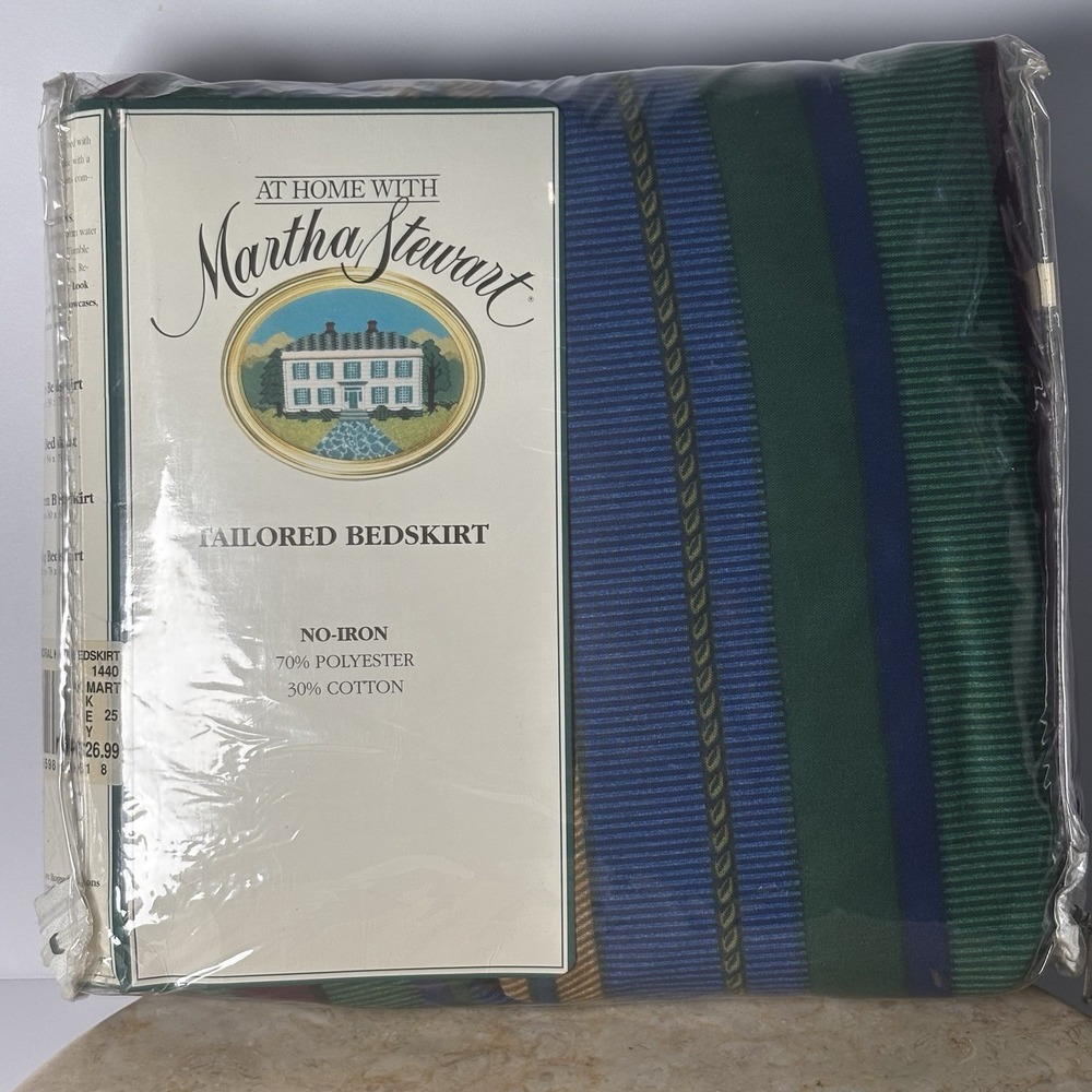 VTG New Martha Stewart King Bedskirt NOS 1980s Retro Striped Navy Royal